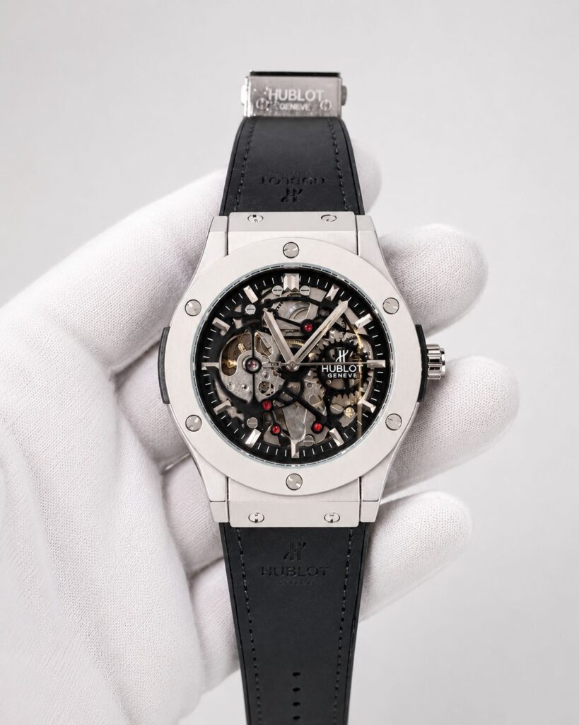Мъжки часовник Hublot Classic Fusion Skeleton титаниев корпус черен циферблат