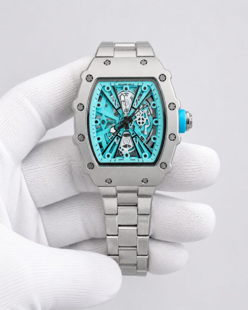 Мъжки часовник Richard Mille RM27-08 скелетон турскоазен циферблат стоманена верижка